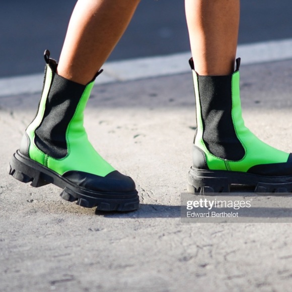 Ganni Calf Leather Mid Chelsea Boot Neon Lime Green Chunky Lug - Picture 5 of 9